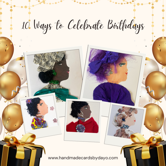 This card is yellow with balloons and gifts on both sides of the card. On the top, it says "10 Ways to Celebrate Birthdays". There's five photographs and a website link on the bottom of the photo.