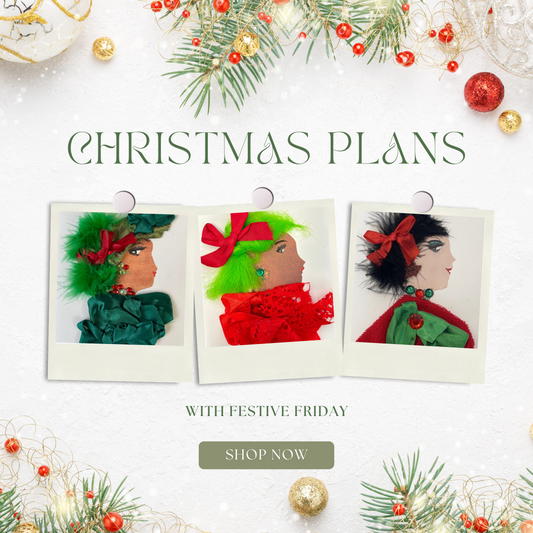 This photo shows three photographs of women wearing Christmas clothing. The title says "Christmas Plans" and under the photographs, it says "With Festive Friday" and "Shop Here". There's Christmas decorations around the border.