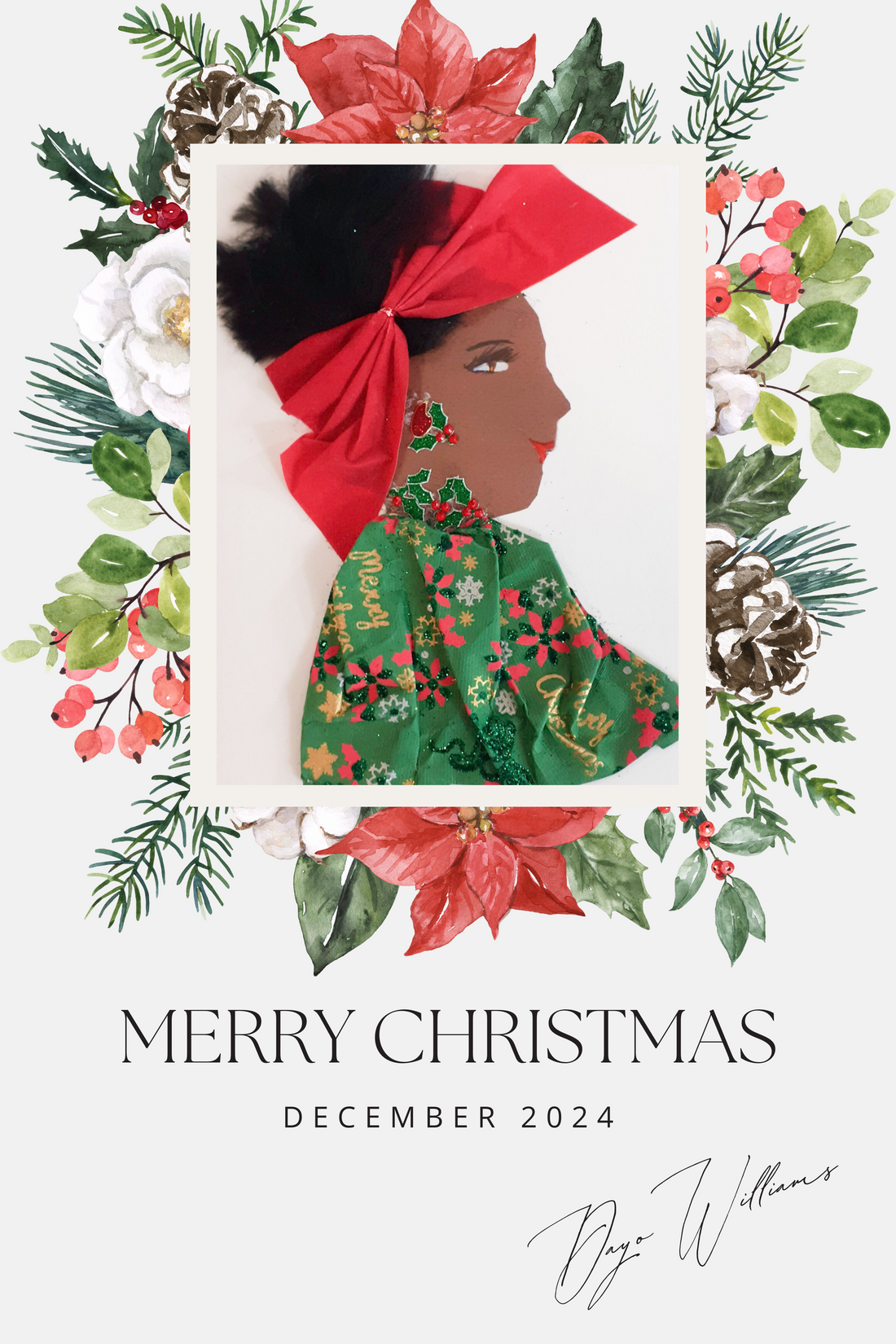 This is a white card with a photograph of a woman in the middle. There's Christmas decorations around the photo. Under it, it says "Merry Christmas".