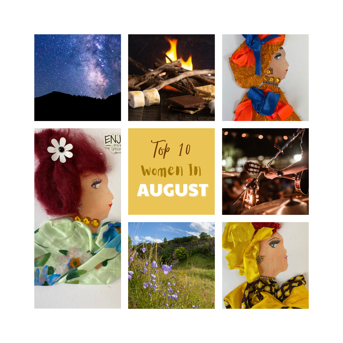 This photo consists of a grid with 8 pictures. The middle square is yellow and says "Top 10 Women in August". Three other squares include women from the cards. The other photos relate to the blog.