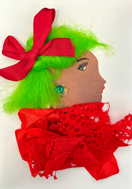 This card is designed for a woman named Christmas Cameron. She is wearing a blouse made of two fabrics: silk and textured cloth. She has neon green hair that is tied back with a red bow. She is wearing emerald green earrings.