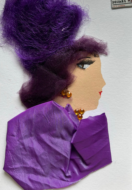 This card is dedicated for a woman named Maggie May. She is wearing a vibrant purple feathery hat. She wears an exquisite purple blouse with a pop of gold jewellery to complete the look.