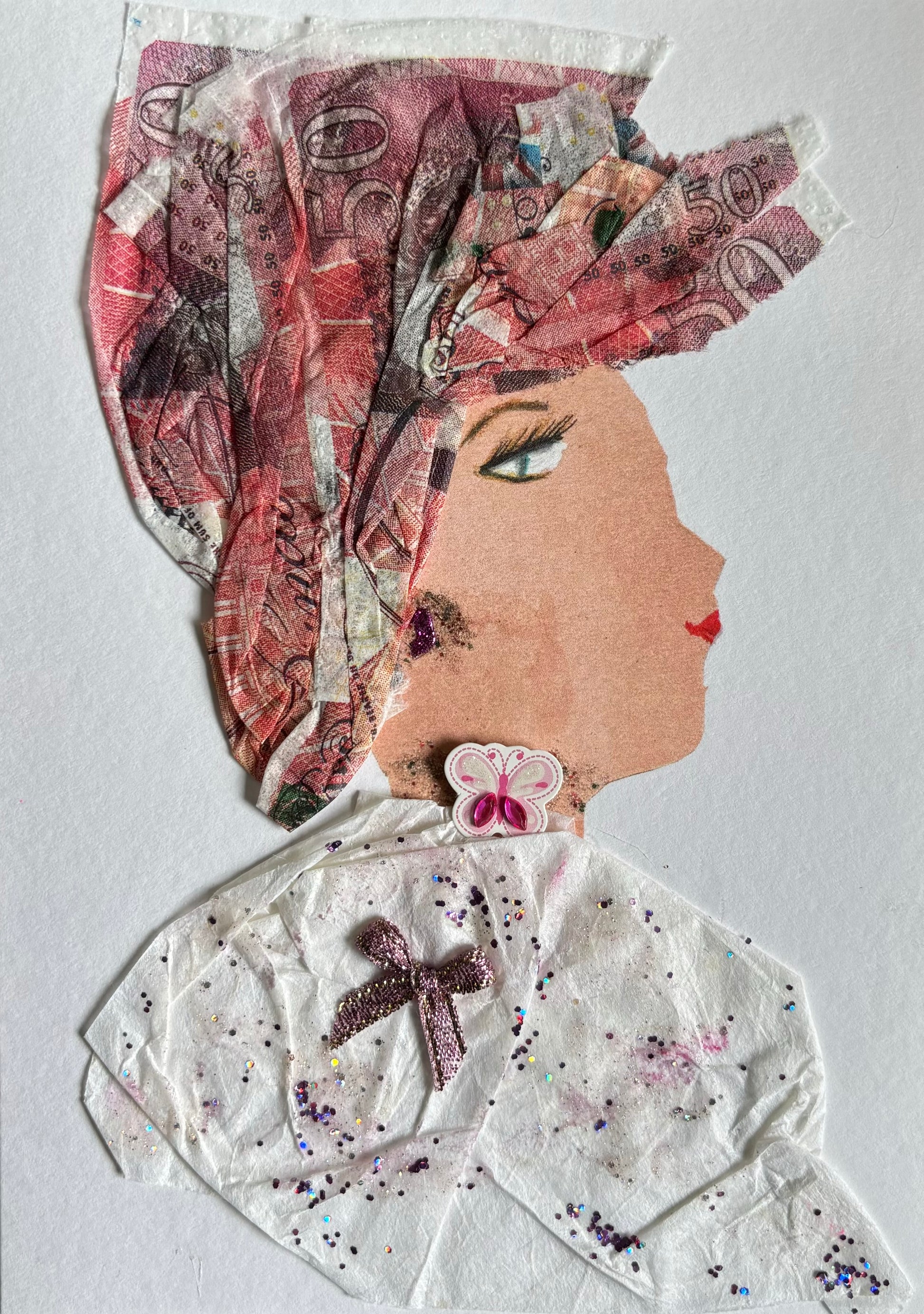 I designed this card for a woman named Pink Peony. She is wearing a stylish money print headwrap. She wears an elegant white blouse with a pink bow and pink bow. She wears gold jewellery.