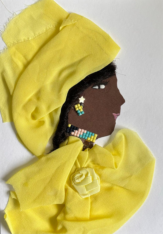 I designed this card for Maryland Mayweather. She is wearing a matching pastel yellow blouse and a head scarf. There is a lighter yellow rose placed in the center of the blouse. This woman pulls the outfit together with multi-coloured earrings and a necklace.