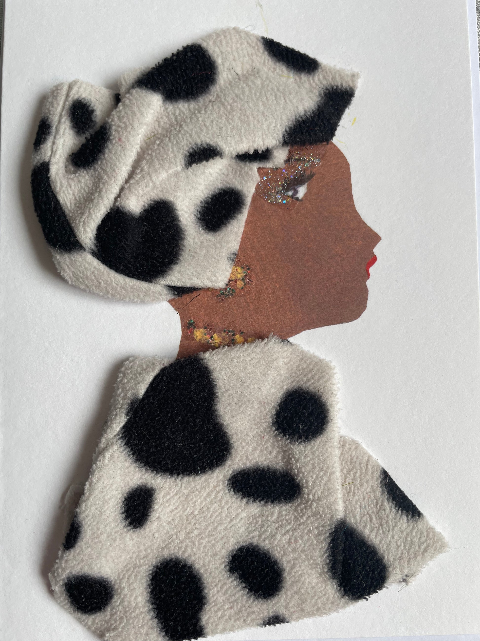 I designed this card for a woman named Cowley Croydon. She is wearing a set of cow-printed pattern top and hat, as well as gold jewelry to pull the look together.