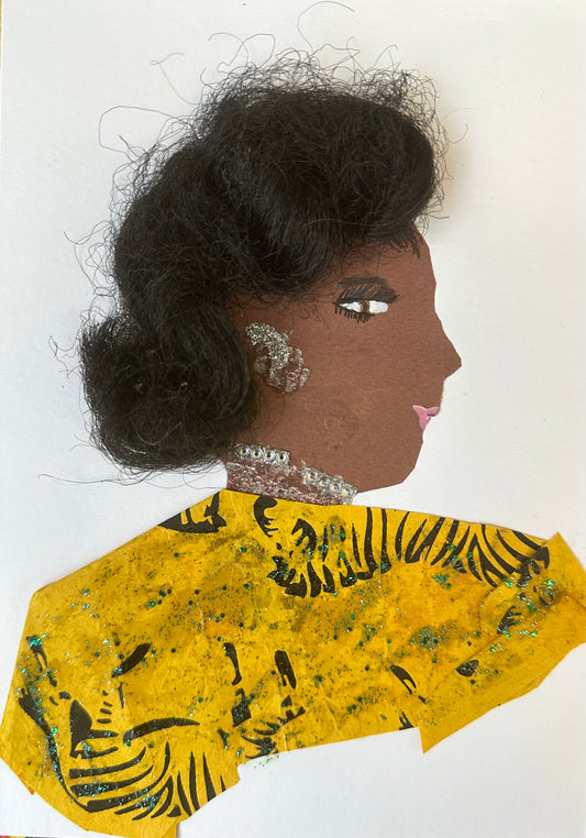 I designed this card for a woman named Brent Betsy who is wearing a yellow blouse that is patterned with the outline of a zebra. Her earrings and necklace are made up of silver gemstones.