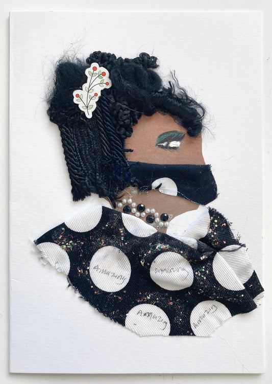 I designed this card for a woman named Doctor Wembley. She is wearing a black and white patterned blouse with a pearl necklace. She also has curly hair with flowers and a black face mask as a sign of the times.