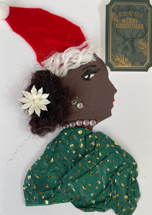 I designed this care of a woman named Christmas doctor. She has a black skin tone and is wearing a dark green blouse patterned with gold confetti. She pairs it with a silver pearl-like necklace with matching earrings. There is a white flower in her hair along with a red and white Santa hat. To the right of her, there is a Merry Christmas sticker. 