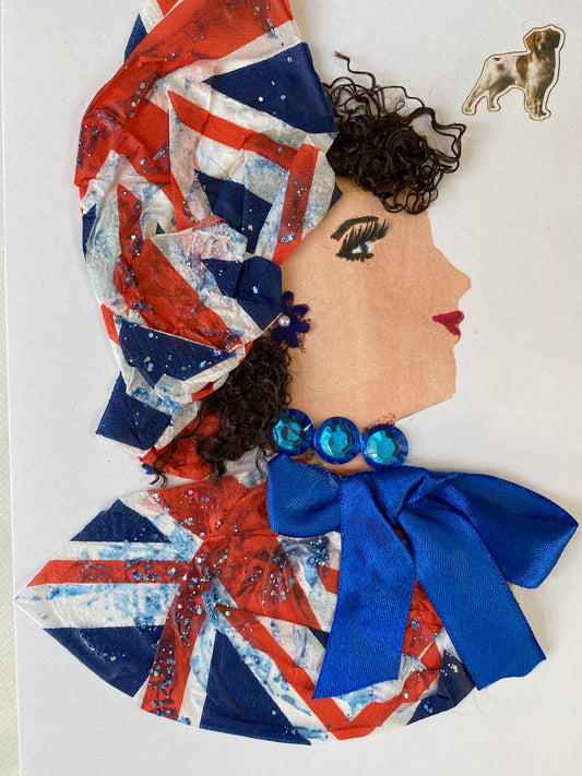 I designed this card of a woman named Dr. Buckingham Belinda. She has a white skin tone and is wearing a beautiful London flag print hat. She wears a matching London flag print blouse with a blue silk bow. She wears dazzling blue jewellery. In the corner there is a dog.