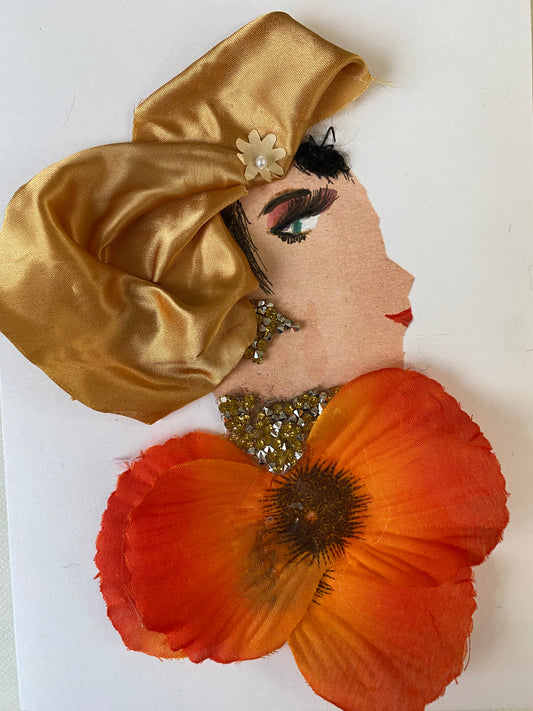 I designed this card of a woman named Tilly Tangerine. She has a white skin tone and wears a silky gold hat. She wears an orange floral blouse with gold and silver jewellery. 