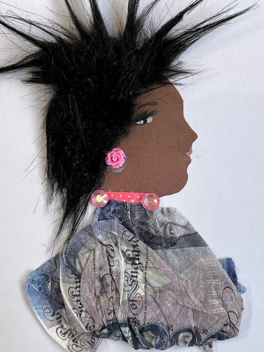 I designed this card for a woman named Rachel Rayners. She wears a blouse made of a money fabric, and her hair is black and spiked. She wears a pink polka dotted necklace and a rose earring. 