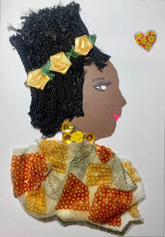 This card is called Ibadan pie, and she is wearing an orange sequined blouse with matching orange roses in her black braided hair. 